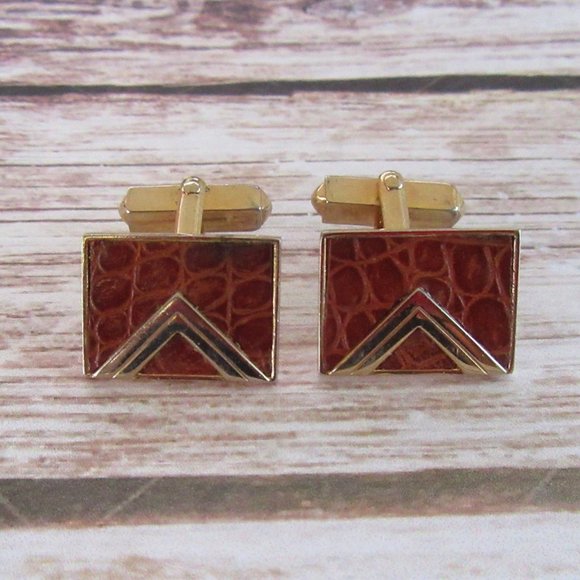 SWANK brown faux alligator leather cufflinks with gold tone chevron design MCM - Picture 2 of 5
